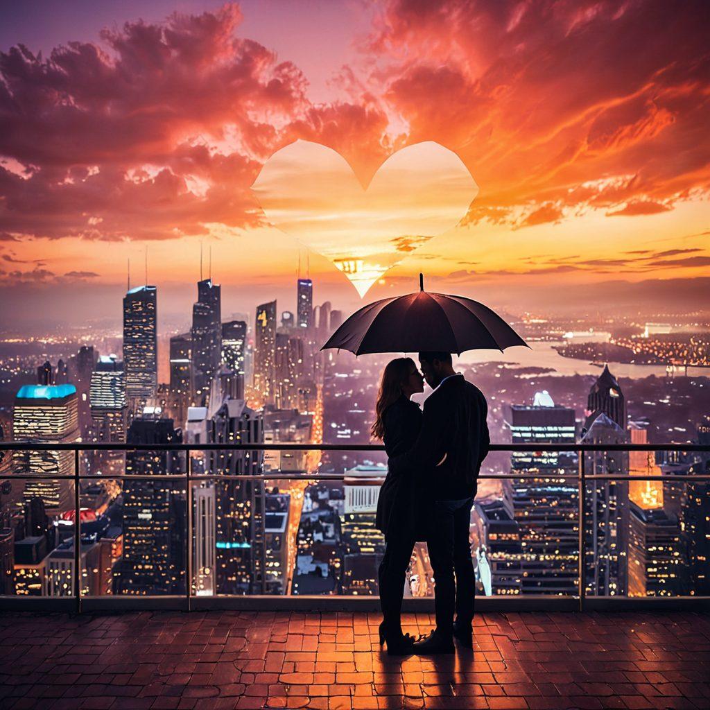A couple embracing under a giant heart-shaped umbrella, symbolizing protection and love insurance, surrounded by floating heart icons representing assurance. The background features a beautiful city skyline at sunset to evoke a modern atmosphere, with soft glowing lights to enhance the sense of warmth and connection. super-realistic. vibrant colors. soft-focus background.