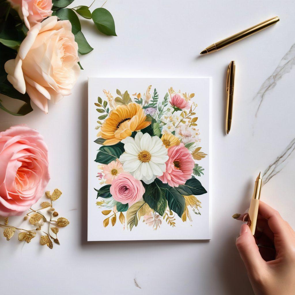 A beautifully arranged flat lay of premium greeting cards on a luxurious velvet surface, featuring elegant designs, heartfelt messages, and gold foil accents. Add a delicate touch of fresh flowers and a stylish pen to evoke the warmth of gifting. The scene should convey emotion, love, and security through the subtle interplay of light and shadow. soft focus. pastel colors. artistic flair.