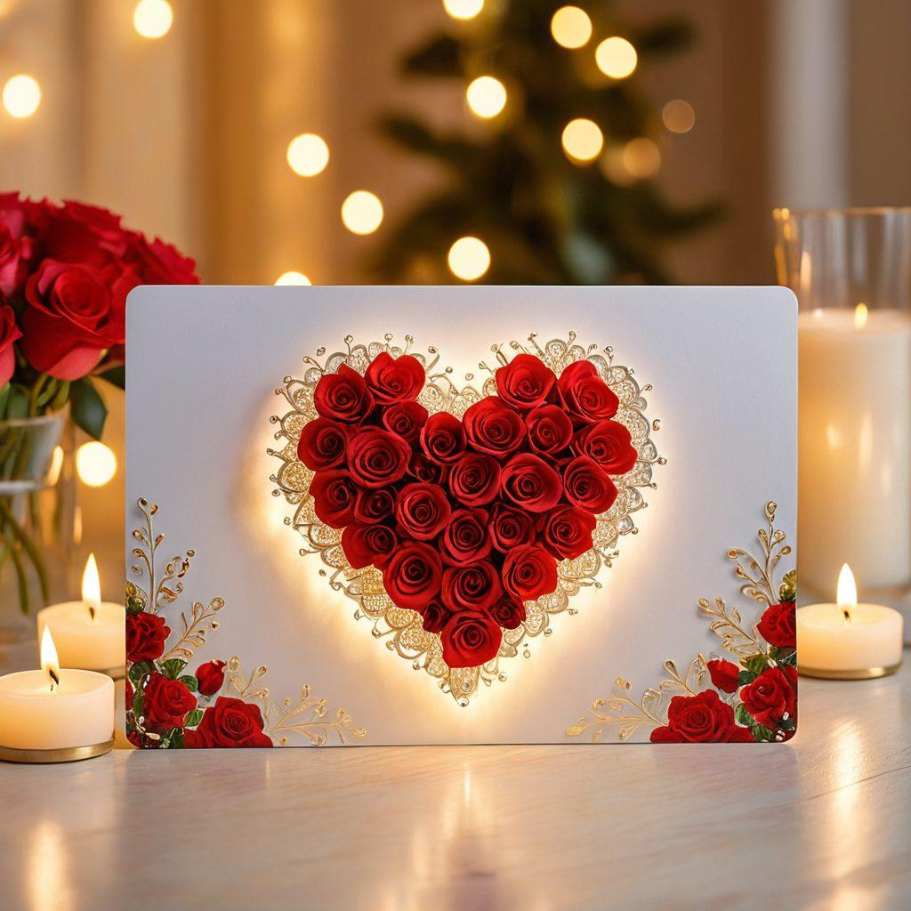 A beautifully designed heart-shaped gift card surrounded by soft glowing lights, symbolizing love and security. In the background, a cozy romantic setting with candles, a bouquet of roses, and a couple holding hands, capturing the essence of romance. Subtle hints of gold and warmth to evoke feelings of affection and comfort. The scene should feel inviting and enchanting, embodying the concept of gifting. vibrant colors. dreamy atmosphere.